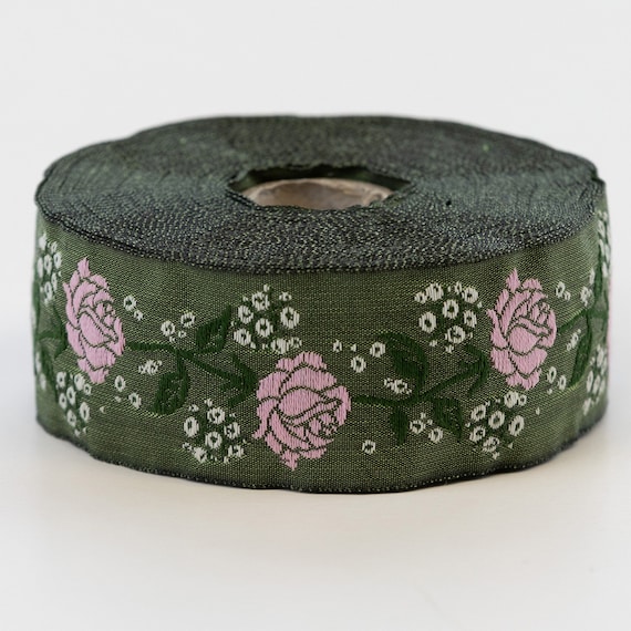 KAFKA G-08/103 Jacquard Ribbon Organic Woven Cotton Trim 1-1/4" wide (32mm) Sage Green Background w/Pink Roses & Gypsophila