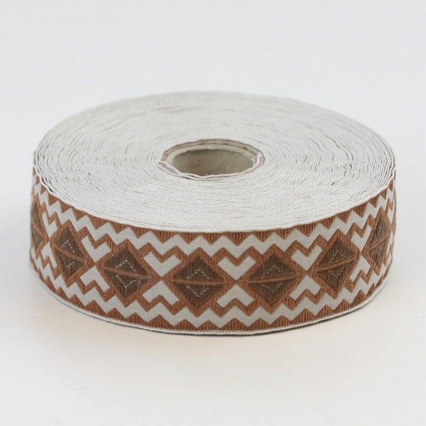 KAFKA F-14/01 Jacquard Ribbon Woven Organic Cotton Trim 1" wide (25mm) Beige w/Dark Brown & Fawn Geometric Diamond Pattern Zig Zag Lines