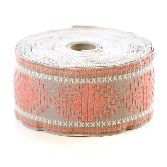 KAFKA K-10/01 Jacquard Ribbon Woven Organic Cotton Trim 2" wide (50mm) Taupe w/Apricot & Ivory Southwest, Native American Southwest