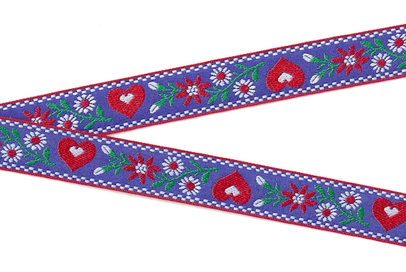 HEARTS/FLOWERS F-05-C Jacquard Ribbon Polyester Trim 15/16" wide (24mm) Blue Background, Red Hearts, Red & White Flowers, Green Leaves