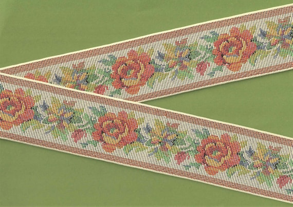FLORAL TAPESTRY M-05-i Jacquard Ribbon Cotton Trim 2-1/4" wide (57mm) VINTAGE "Petit-Point" in Beige, Peach, Yellow, Blue & Green Roses