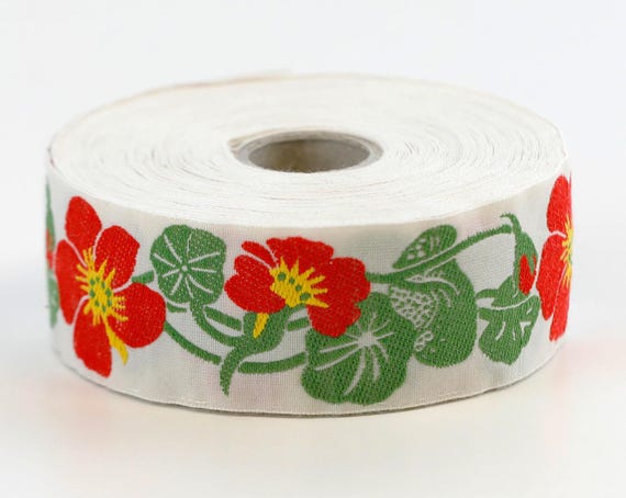 KAFKA G-03/02 Jacquard Ribbon Woven Organic Cotton Trim 1-1/4" wide (32mm) Ivory w/Red Nasturtiums, Yellow Accents, Green Leaves