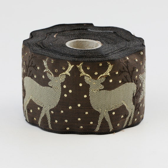 KAFKA K-07/02 Jacquard Ribbon Woven Organic Cotton Trim 2" wide (50mm) Brown w/Beige Reindeer & Snowflakes w/Metallic Gold Accents