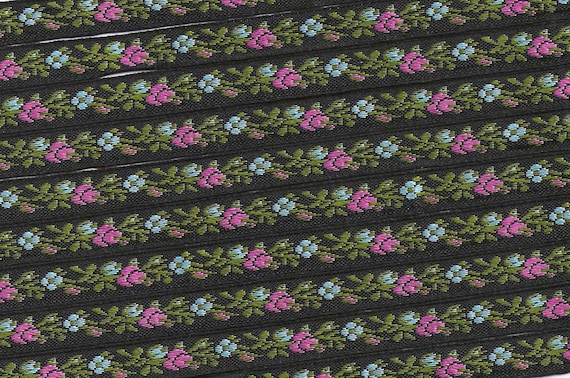 FLORAL A-08-V Jacquard Ribbon Poly Trim 3/8" wide (9mm) Black w/Pink & Blue Flowers