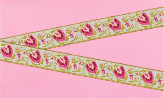 FLORAL F-02-B Jacquard Ribbon Poly Trim 1" wide (25mm) VINTAGE LFNT "Palmette" Lt Blue w/Pink, Burgundy and Rose & Olive Floral, Per Yard