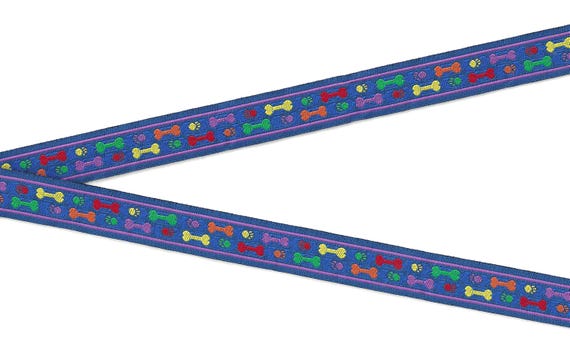 NOVELTY/Dogs C-05-A Jacquard Ribbon Polyester Trim 5/8" wide (16mm) Royal Blue Background w/Bright, Multi-Colored Dog Bones & Dog Paws