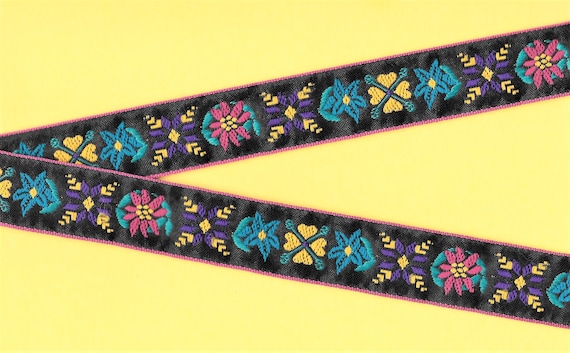 HEARTS/FLOWERS G-02 Jacquard Ribbon Poly Trim, 1-1/8" Wide (28mm) Black w/Pink Border Teal/Pink/Purple Flowers Yellow Hearts