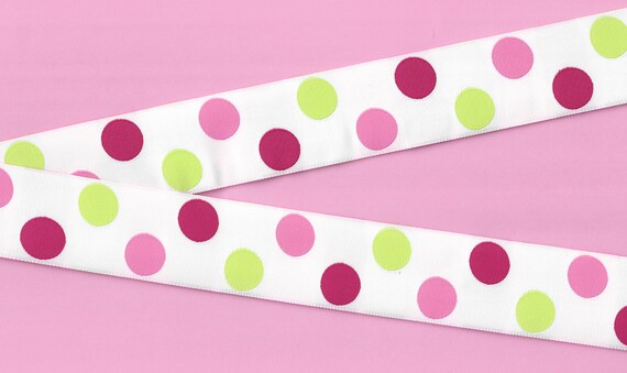 POLKA DOTS H-22-F Jacquard Ribbon Polyester Trim 1-1/2" wide (38mm) White Background with Hot Pink, Lime & Pink Polka Dots