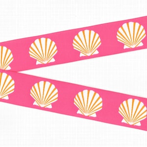 NEUHEIT / Strand G-09-A Jacquard Ribbon Poly Trim 1-1 / 8 "breit (28 mm) rosa Hintergrund mit weißen und orangen ausgebogten Muscheln