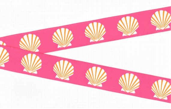 NOVELTY/Beach G-09-A Jacquard Ribbon Poly Trim 1-1/8" wide (28mm) Pink Background w/White & Orange Scalloped Seashells