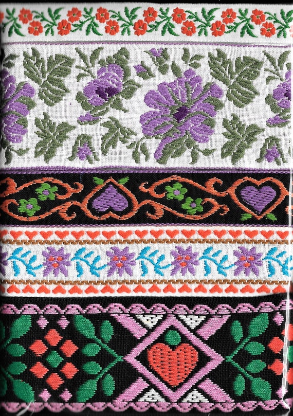 RIBBON PAK-76 Jacquard Ribbon Cotton Trims, 1yd of 5 Vintage Floral Ribbons in Black, Purple, Orange, White & Green