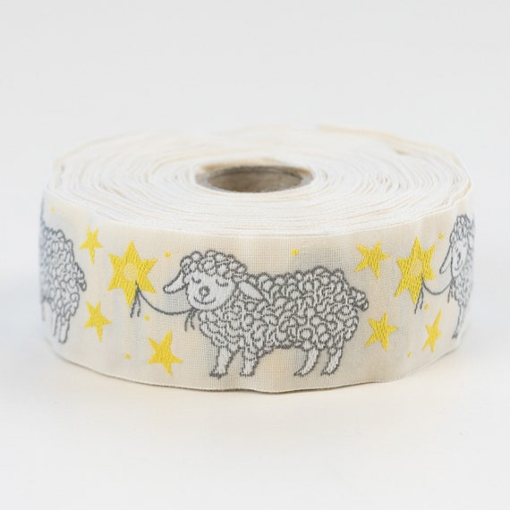 KAFKA G-12/11 Jacquard Ribbon Woven Organic Cotton Trim 1-1/4" wide (32mm) Ivory Background w/Smiling Sheep & Yellow Stars