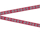 B-DP-02x FLORAL Jacquard Ribbon Poly Trim, 1 2 quot Wide (13mm) quot ALOHA quot Red Background w Navy White Hibiscus Flowers, White Accents, Per Yard
