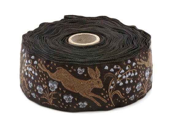 KAFKA H-27/10 Jacquard Ribbon Organic Cotton Trim 1+1/2" wide (38mm) Chocolate Brown w/Lt Brown Jackrabbits
