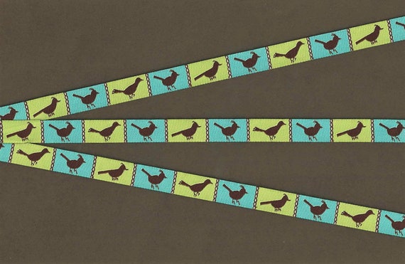 ANIMALS/Birds B-01-A Jacquard Ribbon Polyester Trim 1/2" Wide (13mm) Lime & Teal Block Design with Brown Birds