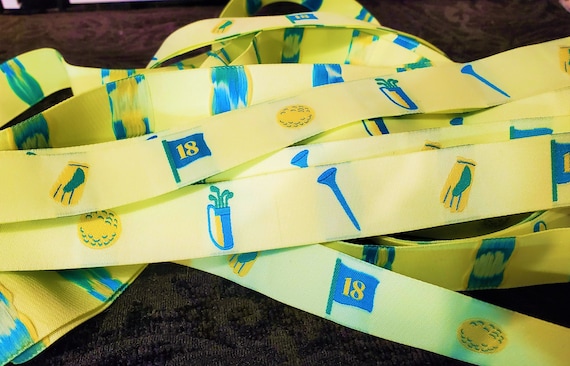 SPORTS/Golf F-01-A Jacquard Ribbon Polyester Trim 1" Wide (25mm) Bright Yellow Background w/Teal & Yellow Golf Balls, Tees, Golf Bags, Flags