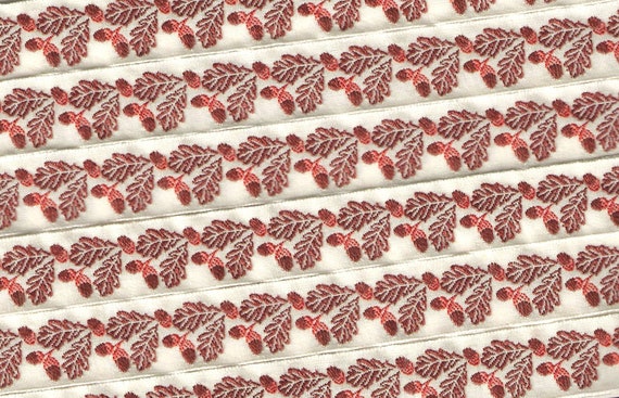 KAFKA C-04/01 Jacquard Ribbon Organic Cotton Trim 5/8" wide (16mm) Ivory w/Brown Oak Leaves & Acorns