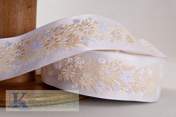 KAFKA G-20/03 Jacquard Ribbon Organic Cotton Trim 1-1/4" wide (32mm) Ivory w/White & Ivory Flowers