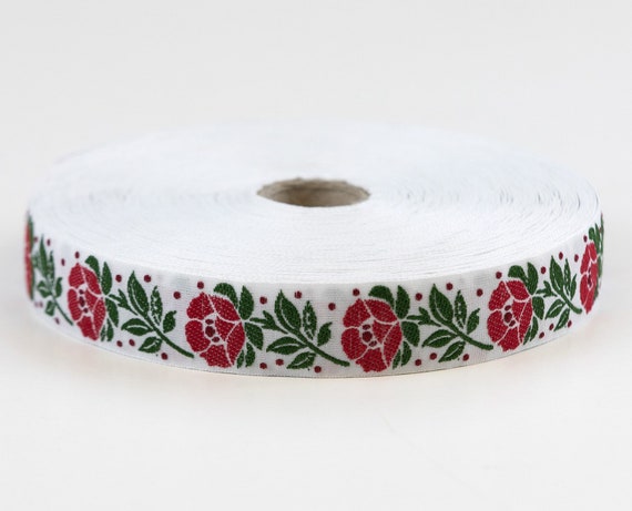 KAFKA D-07/13 Jacquard Ribbon Woven Organic Cotton Trim 3/4" wide (20mm) HOLIDAY "Folklore" White w/Red Flowers, Green Leaves, Dark Red Dots