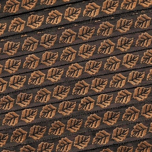 KAFKA A-01/16 Jacquard Ribbon Woven Organic Cotton Trim 7/16&quot; wide (10mm) Brown Background w/Golden Brown Leaves & Brown Center Veins