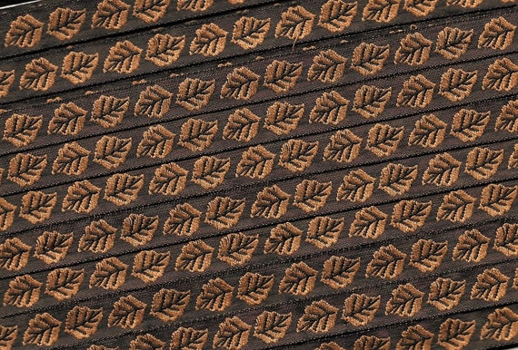KAFKA A-01/16 Jacquard Ribbon Woven Organic Cotton Trim 7/16" wide (10mm) Brown Background w/Golden Brown Leaves & Brown Center Veins