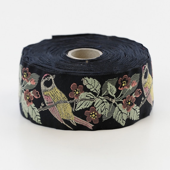 KAFKA H-12/08 Jacquard Ribbon Organic Cotton Trim 1-1/2" wide (40mm) Black w/Yellow, Tan & Pink Titmouse Birds, Plum Purple Cherry Blossoms
