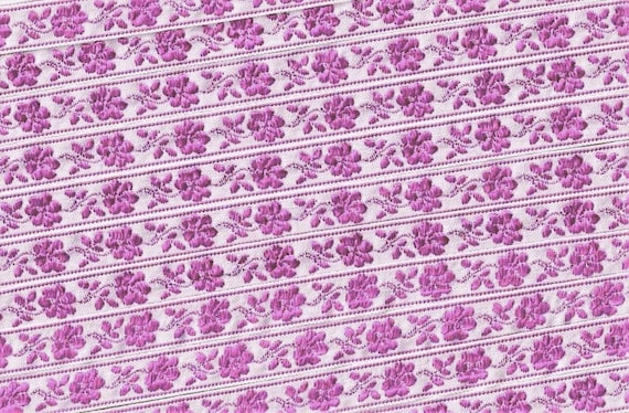 FLORAL A-27-F Jacquard Ribbon Poly Trim, 3/8" Wide (9mm) Made in Germany, White w/Purple Borders, Flowers & Leaves