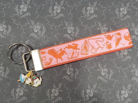 Jacquard Ribbon/Nylon Web 1" wide (25mm) Key Fobs, "Alice in Wonderland" w/Charms, Keychain, Wristlet, Zipper Pulls, Luggage Tags 5.5" long