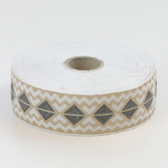 KAFKA F-14/03 Jacquard Ribbon Woven Organic Cotton Trim 1" wide (25mm) White w/Beige & Gray Geometric Diamond Pattern Beige Zig Zag Lines