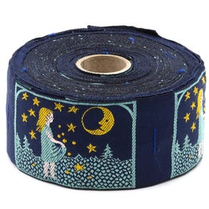 KAFKA H-09/04 Jacquard Ribbon Woven Organic Cotton Trim 1-5/8&quot; wide (40mm) &quot;Stargazer&quot; Little Girl w/Apron, Blue w/Yellow Stars & Moon
