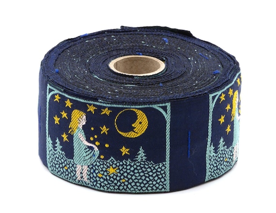 KAFKA H-09/04 Jacquard Ribbon Woven Organic Cotton Trim 1-5/8" wide (40mm) "Stargazer" Little Girl w/Apron, Blue w/Yellow Stars & Moon