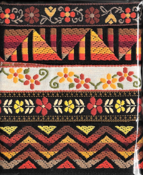 RIBBON PAK-78 Jacquard Ribbon Cotton Woven Trims 1yd lengths of 5 Designs in Black, Brown, Orange, Gold & Rust Floral and Geometric