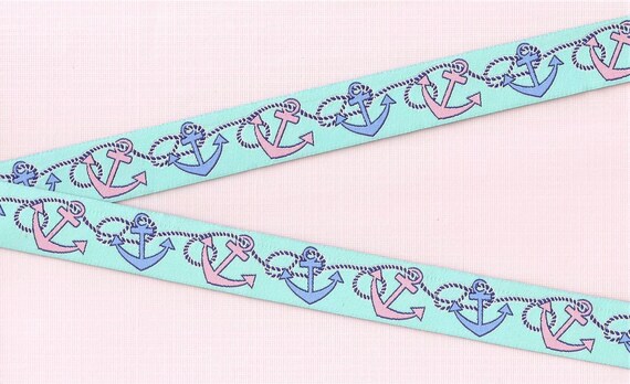 NOVELTY/Nautical D-08-A Jacquard Ribbon Polyester Trim 3/4" wide (20mm) Douglas Paquette, Aqua Background w/Pink & Blue Anchors, Sailing