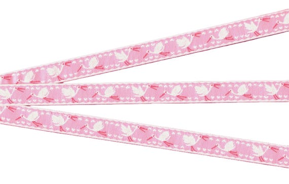 CHILDREN's Animals C-10-A Jacquard Ribbon Poly Trim 5/8" wide (16mm) Made in France, Pink w/Storks & Hearts