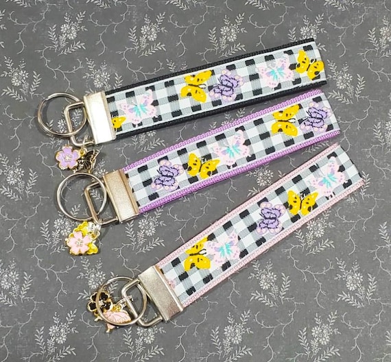 Jacquard Ribbon/Nylon Web 1" wide (25mm) Key Fobs, B&W Checks w/Butterflies, Charms, Keychain, Key Wristlet, Luggage Tags, 5.5" long