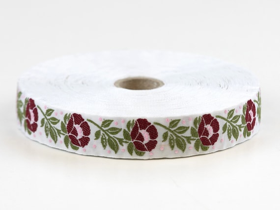 KAFKA D-07/14 Jacquard Ribbon Woven Organic Cotton Trim 7/8" wide (22mm) "Folklore" White w/Burgundy Flowers, Green Leaves, Pink Dots