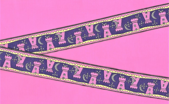 CHILDREN's Fairy Tales G-05-B Jacquard Ribbon Poly Trim, 1-1/4" Wide (32mm) Purple Background w/Pink Castles Metallic Gold Accents