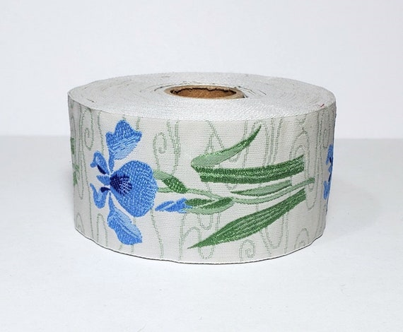 KAFKA H-10/06 Jacquard Ribbon Woven Organic Cotton Trim 1-1/2" wide (38mm) Lt Gray Background w/Blue Irises, Green Leaves/Stems