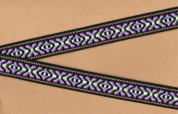 NATIVE AMERICAN F-29-F Jacquard Ribbon Cotton Trim 1" wide (25mm) REVERSIBLE Black w/Shades of Purple, Green, Yellow & White
