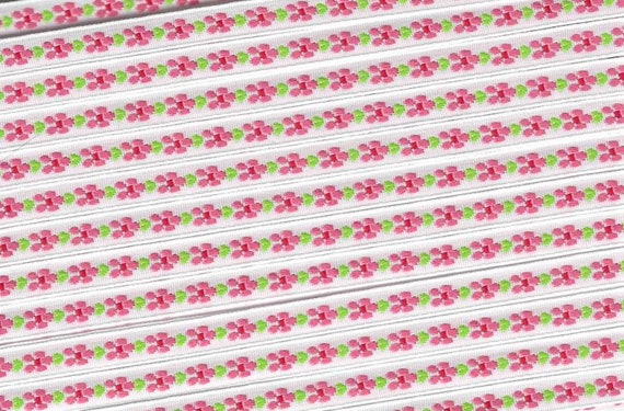 FLORAL A-03-A Jacquard Ribbon Poly Trim, 5/16" Wide White Background w/Petite Rosy Pink Flowers, Red Centers & Lime Green Accents