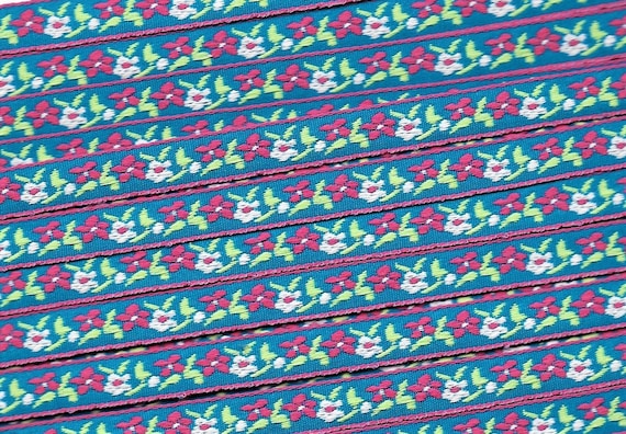 FLORAL A-30-B Jacquard Ribbon Polyester Trim 3/8" wide (9mm) Turquoise Background w/Pink Borders White/Pink Flowers, Lime Leaves