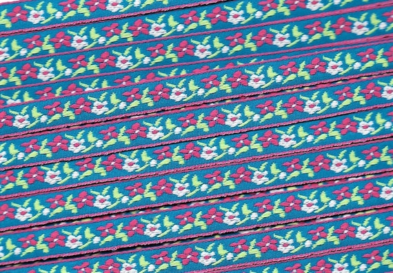 FLORAL A-30-B Jacquard Ribbon Polyester Trim 3/8" wide (9mm) Turquoise Background w/Pink Borders White/Pink Flowers, Lime Leaves