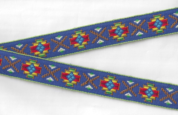 NATIVE AMERICAN G-10-A Jacquard Ribbon Cotton Trim 1-1/4" wide (32mm) VINTAGE Royal Blue w/Rainbow Colors in Traditional Native Pattern