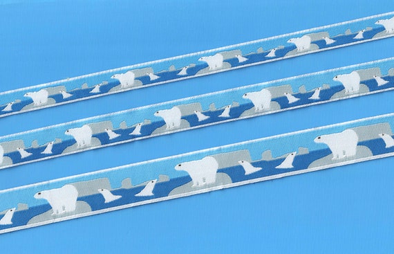 ANIMALS/Water 20-A Jacquard Ribbon Poly Trim, Blue Background w/White Polar Bears Swimming and on Ice Floats, Choose Width/Length