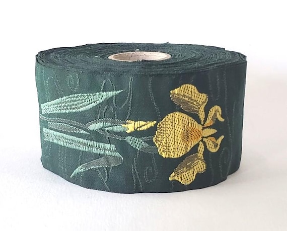 KAFKA H-10/23 Jacquard Ribbon Woven Organic Cotton Trim 1-5/8" wide (40mm) Green Background w/Yellow Irises & Green Leaves