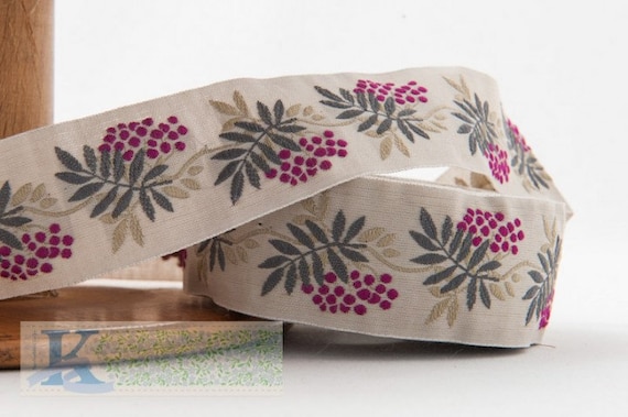 KAFKA G-05/14 Jacquard Ribbon Woven Organic Cotton Trim 1-1/4" wide (32mm) Lt Gray w/Plum Purple Berries, Gray & Tan Leaves