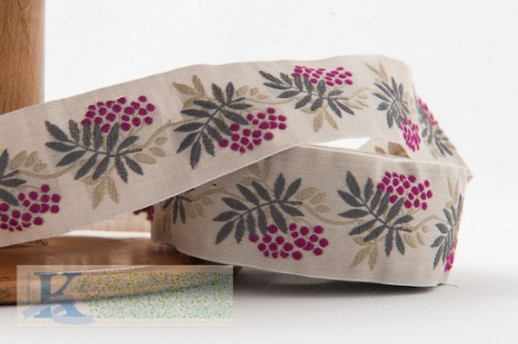 KAFKA G-05/13 Jacquard Ribbon Woven Organic Cotton Trim 1-1/4" wide (32mm) Lt Gray w/Plum Purple Berries, Gray & Tan Leaves