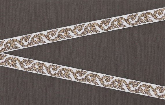 FLORAL C-38-A Jacquard Ribbon Polyester Trim 5/8" wide (16mm) White Background w/Beige & Brown Scroll Vines Leaf Pattern