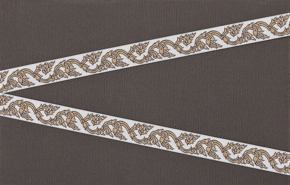 FLORAL C-38-A Jacquard Ribbon Polyester Trim 5/8" wide (16mm) White Background w/Beige & Brown Scroll Vines Leaf Pattern