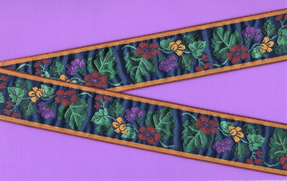FLORAL H-46-A Jacquard Ribbon Poly Trim, 1-1/2" Wide (38mm) Navy Background w/Lt Brown Border, Red, Purple & Yellow Flowers, Green Leaves